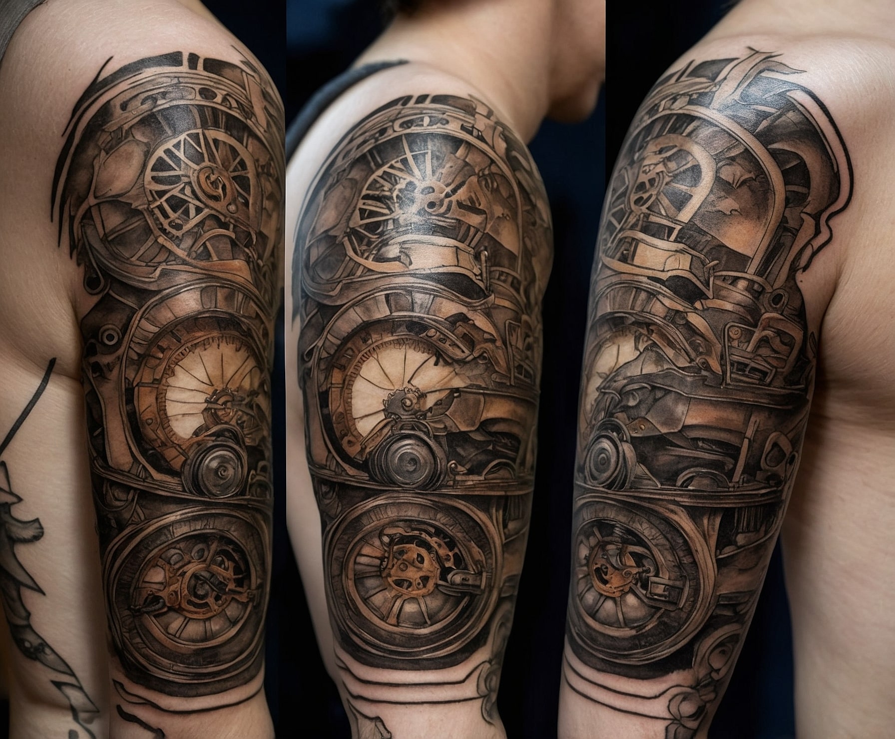 Tatuaje steampunk detallado y original en el brazo.