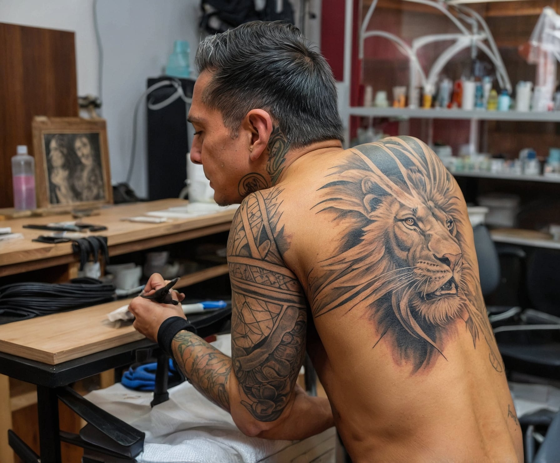 Tatuaje realista de león feroz con sombreado